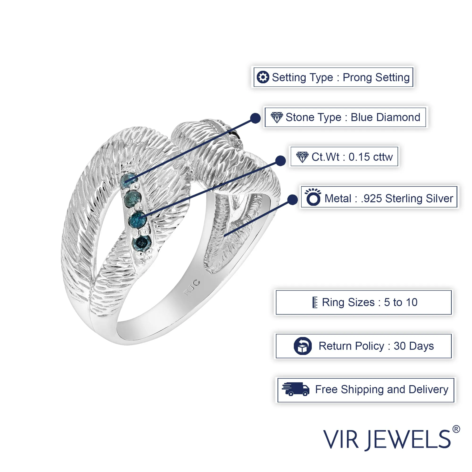 0.15 cttw Blue Diamond Ring .925 Sterling Silver with Rhodium Plating