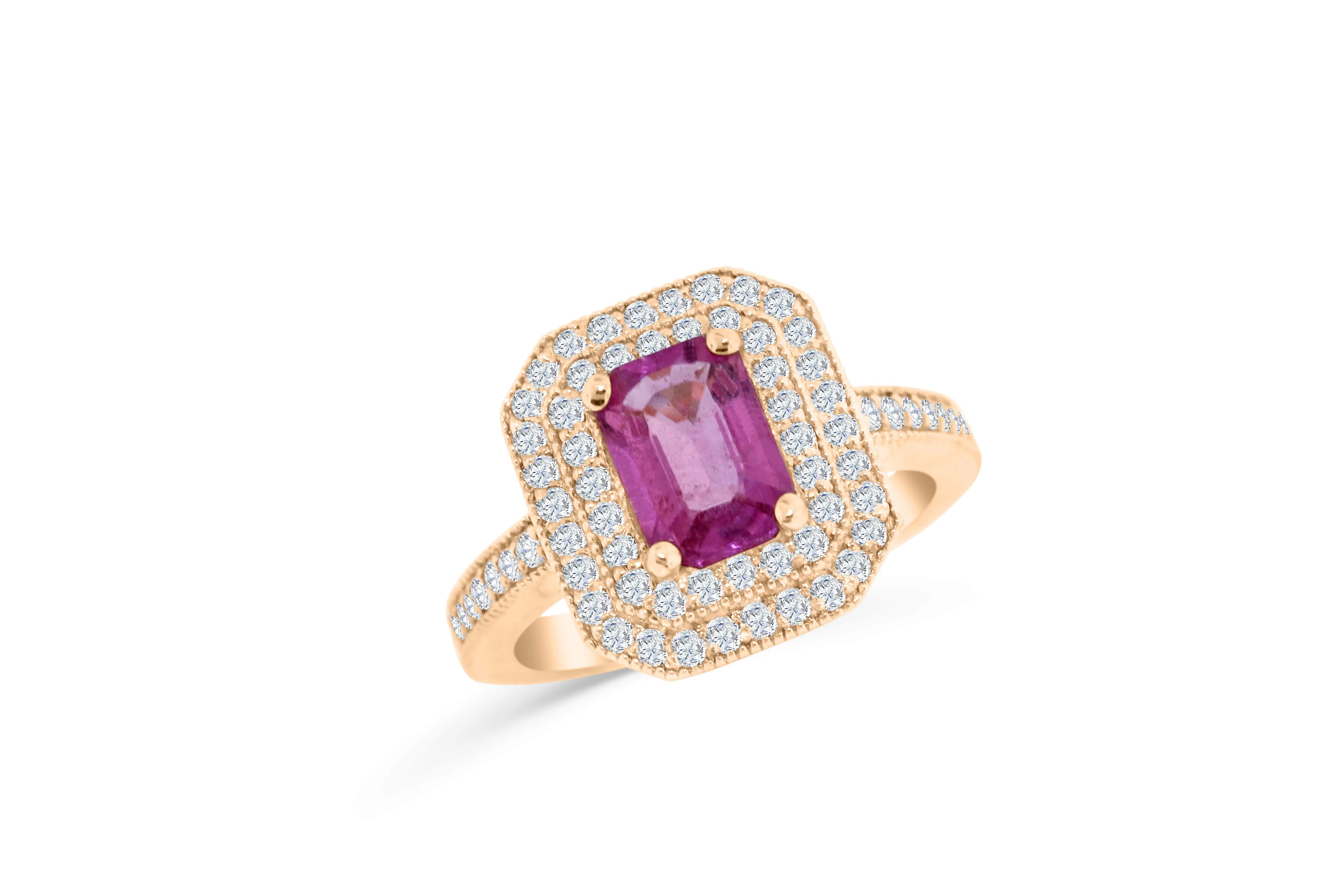 1.45 CT Emerald Cut Pink Sapphire Diamond Ring 0.63 CT TW 14K Rose Gold PSR006