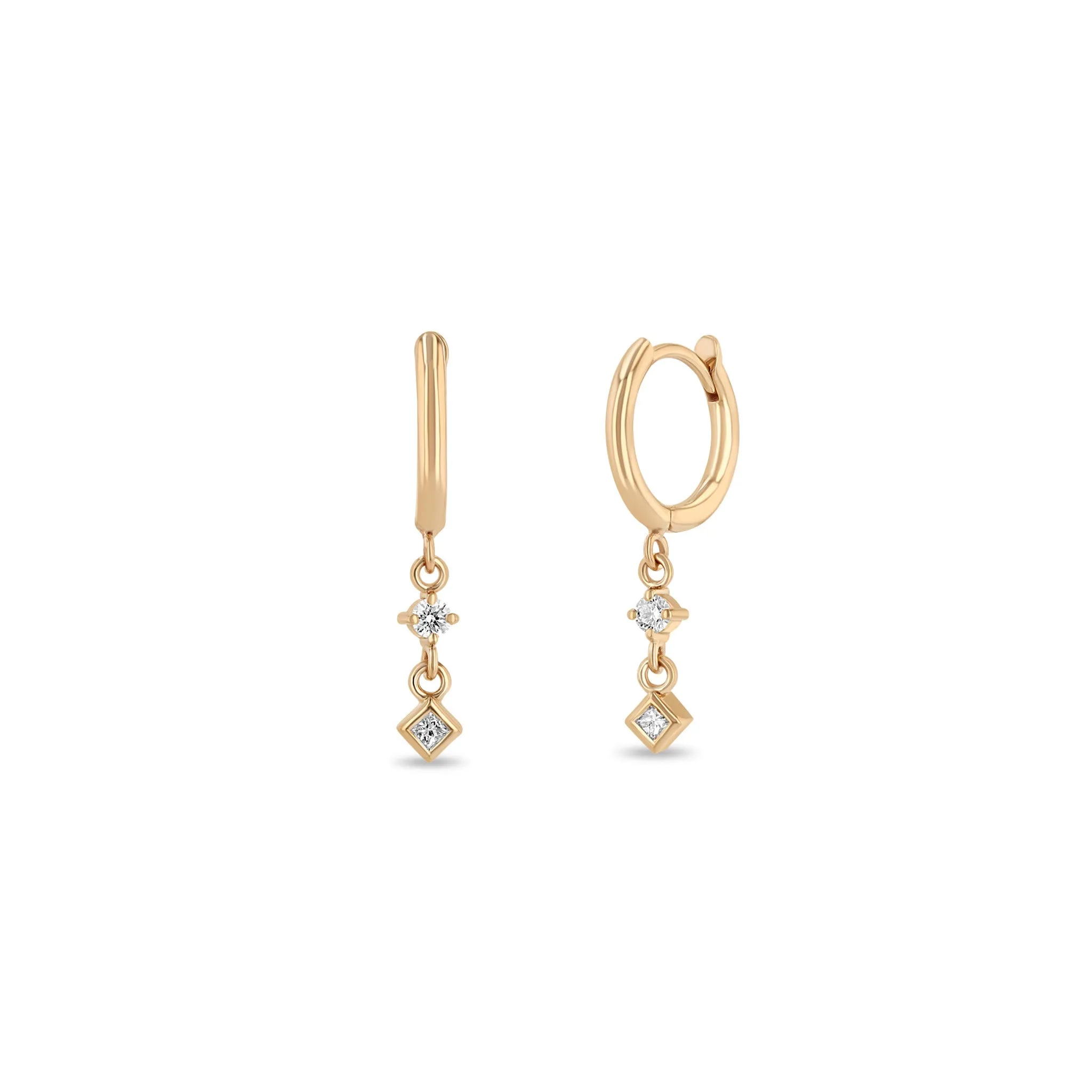 14k Small Hinge Huggie Hoops with Mixed Diamond Drop