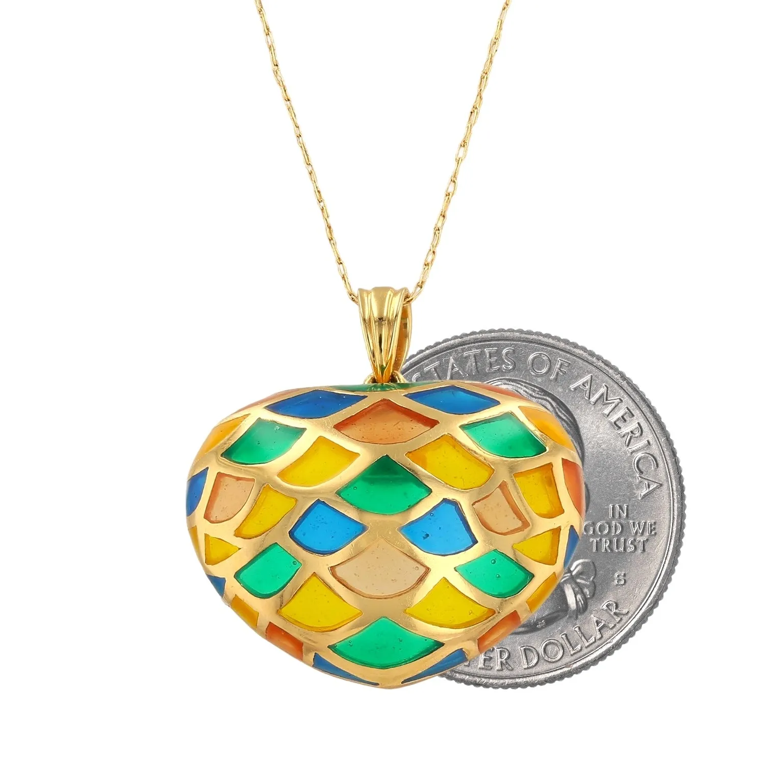 14K Yellow gold multicolor puff enamel heart necklace-13145