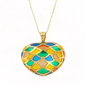 14K Yellow gold multicolor puff enamel heart necklace-13145