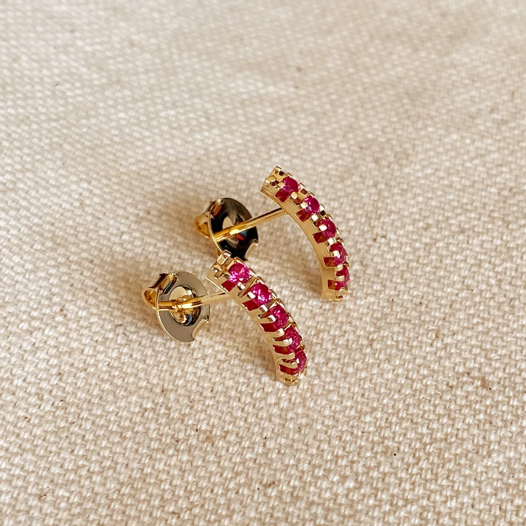 18k Gold Filled Curved Bar Fuchsia Crystal Stud Earrings