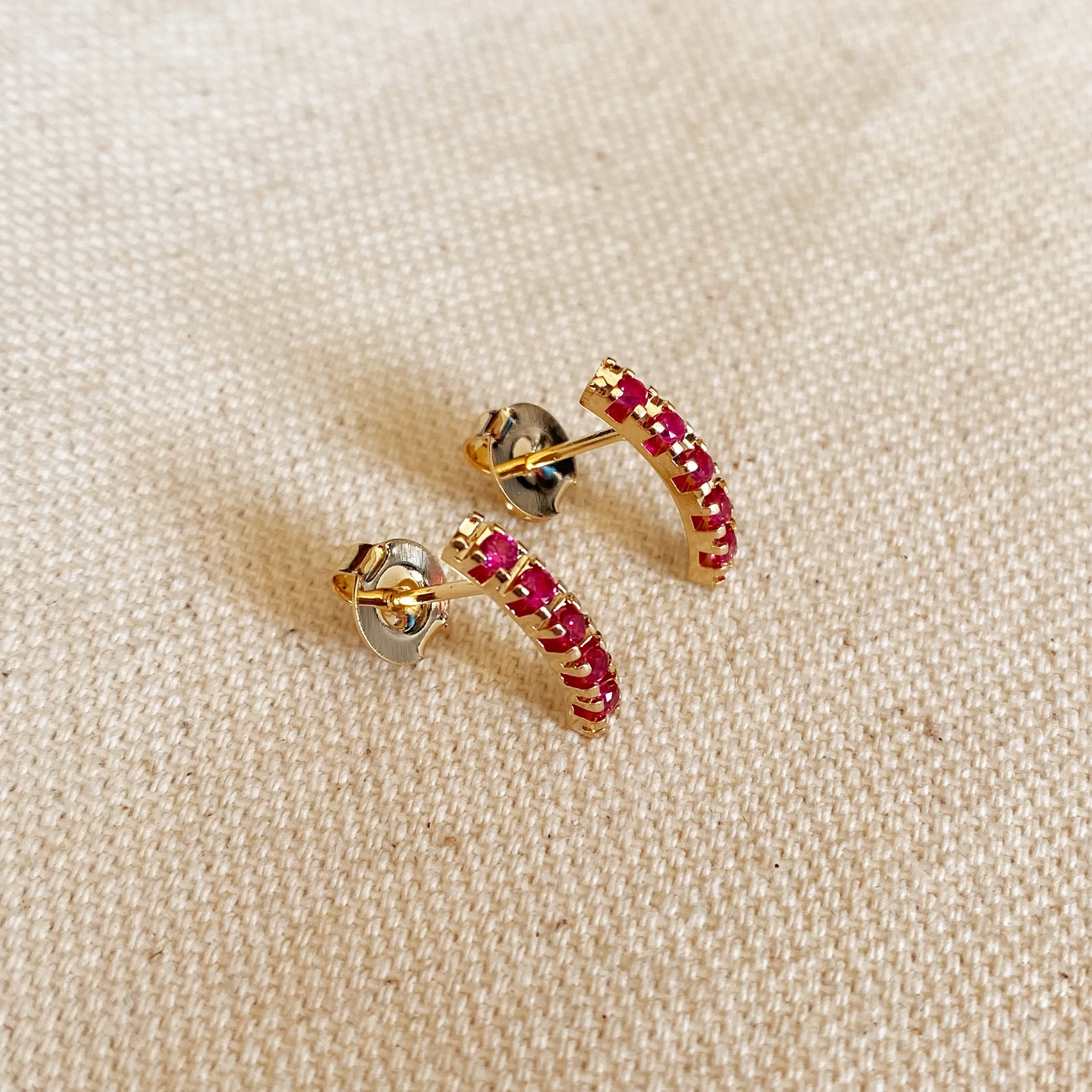 18k Gold Filled Curved Bar Fuchsia Crystal Stud Earrings