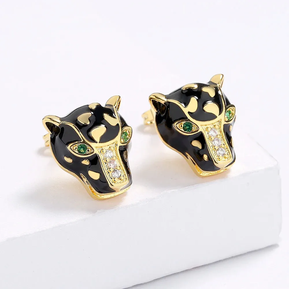 18k Gold Plated Leopard Head White Black Crystal Stud Earrings