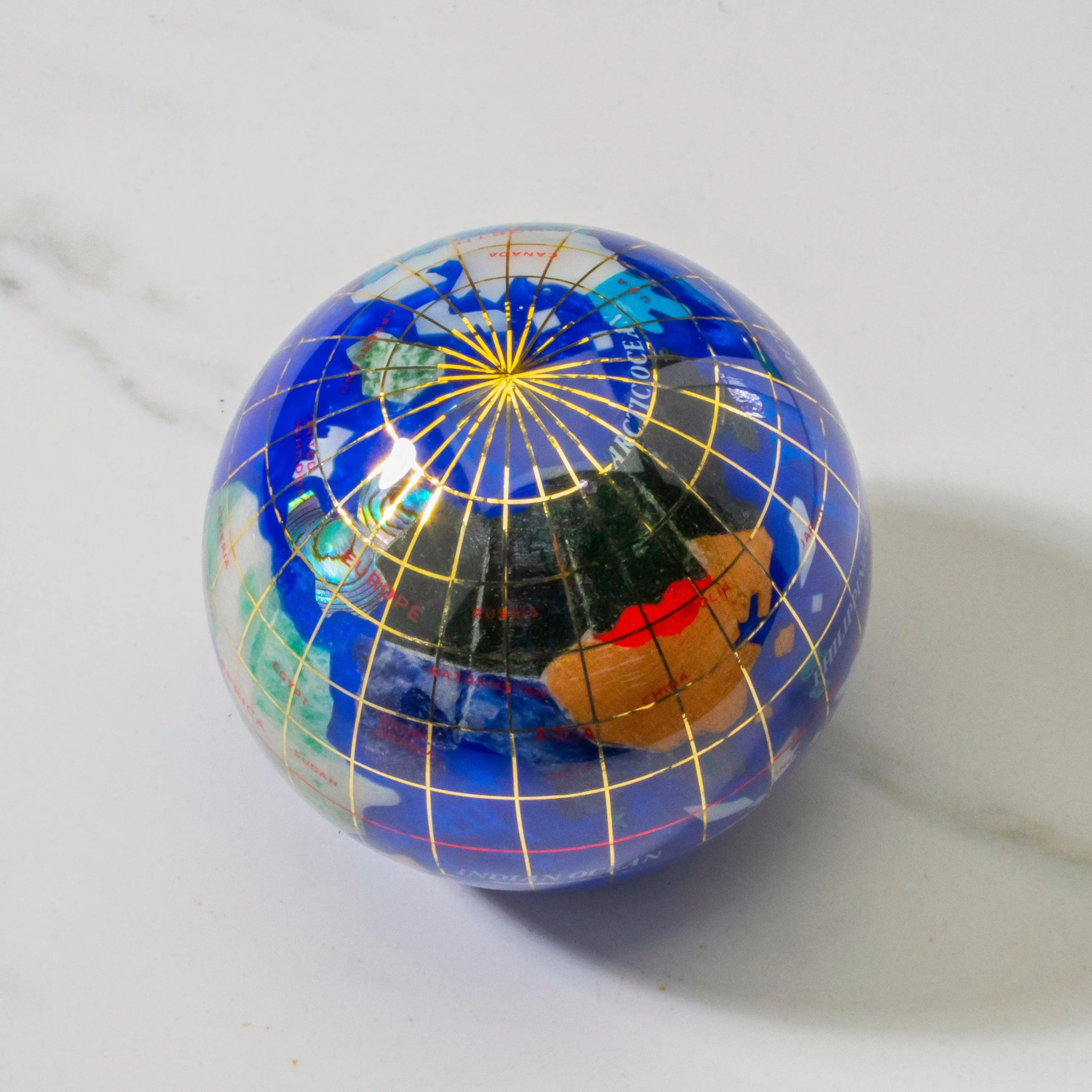 3 Gemstone Globe Paperweight with Caribbean Blue Opalite Ocean