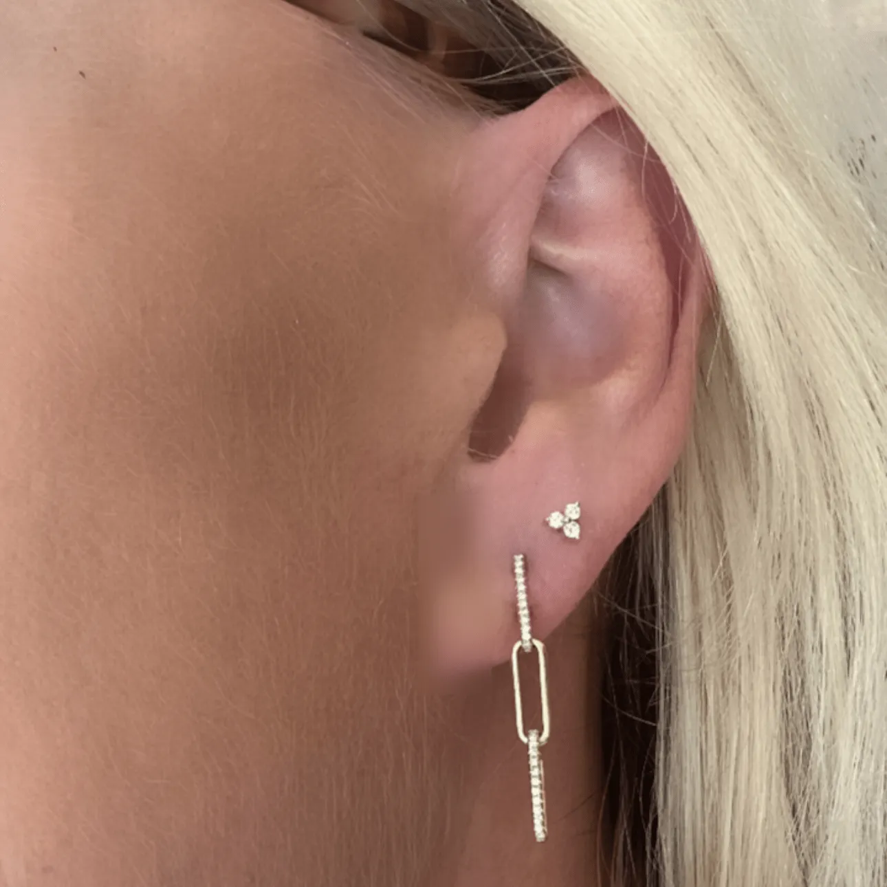 3 Ring Paperclip and Diamond Drop Earrings