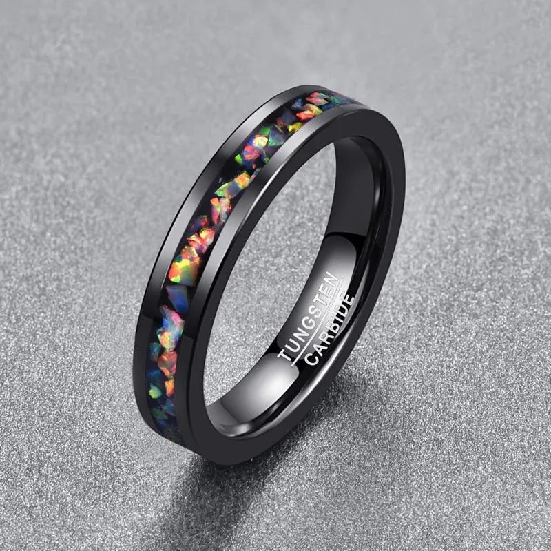 4mm Black Tungsten Carbide with Opal Inlay Slim Type Wedding Band