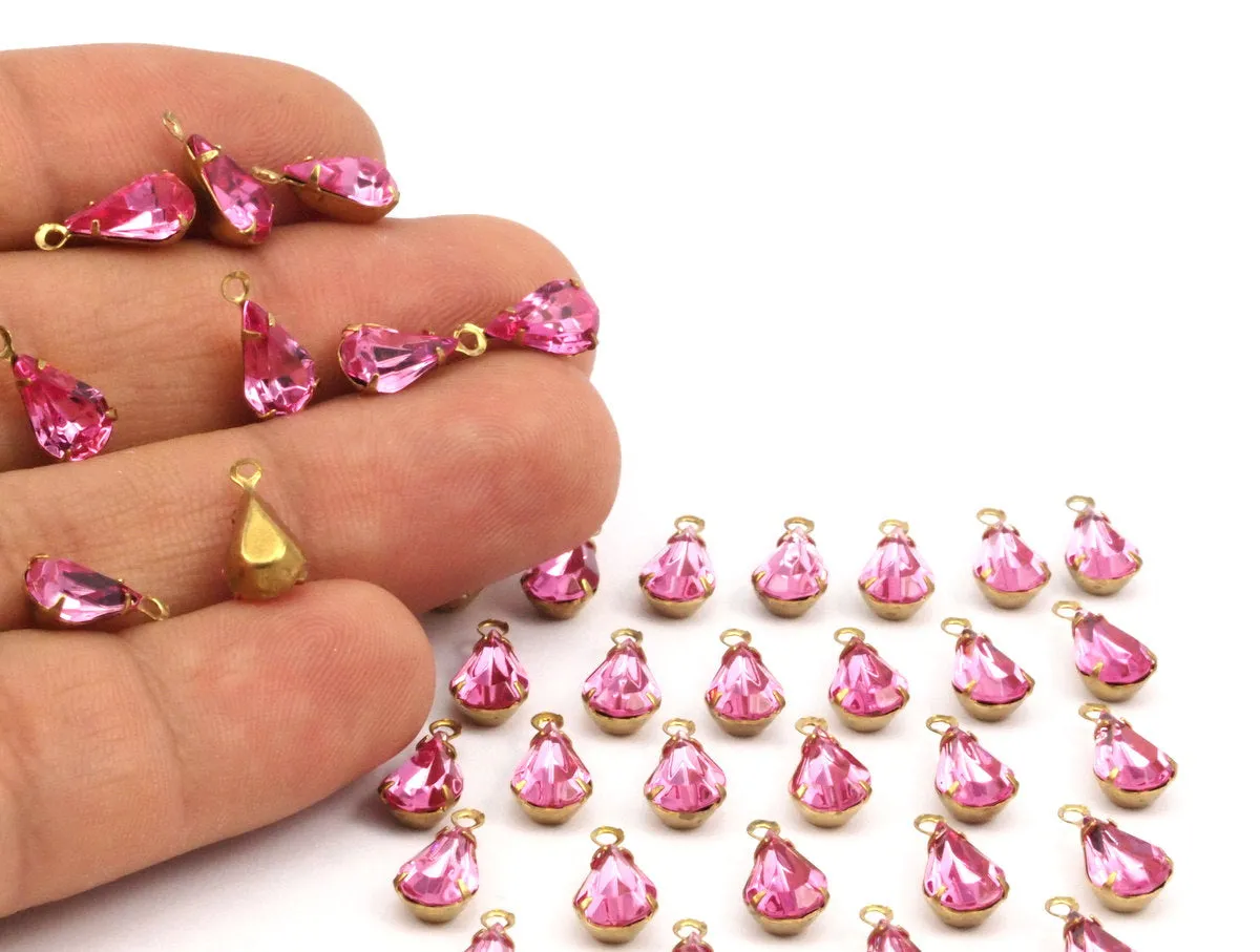 8 Light Rose Swarovski Crystal Drop With Raw Brass Prong Settings 10x6mm Y089