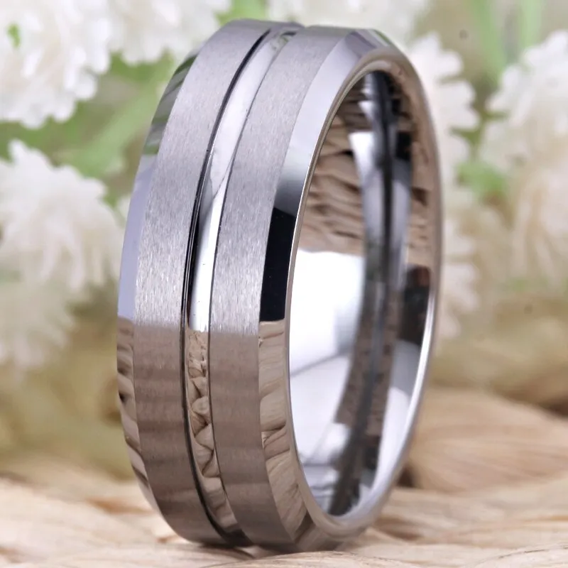 8mm Beveled and Grooved Matte Silver Tungsten Wedding Ring