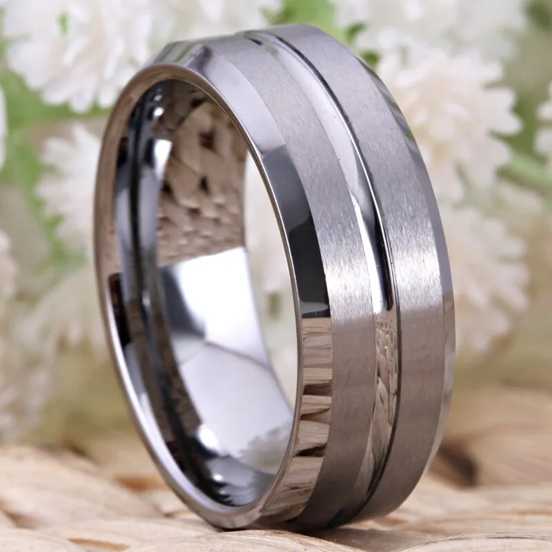 8mm Beveled and Grooved Matte Silver Tungsten Wedding Ring