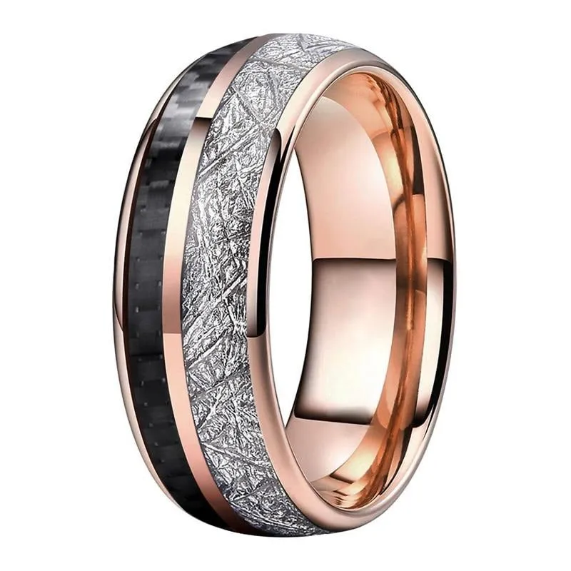 8mm Black Carbon Fiber and Bright Meteorite Inlay Rose Gold Tungsten Wedding Band