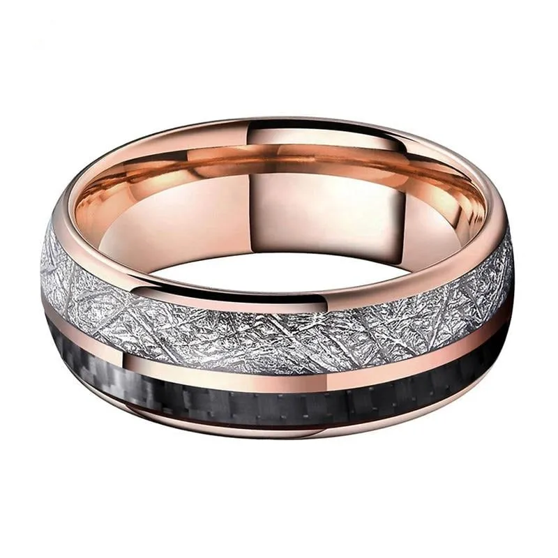 8mm Black Carbon Fiber and Bright Meteorite Inlay Rose Gold Tungsten Wedding Band