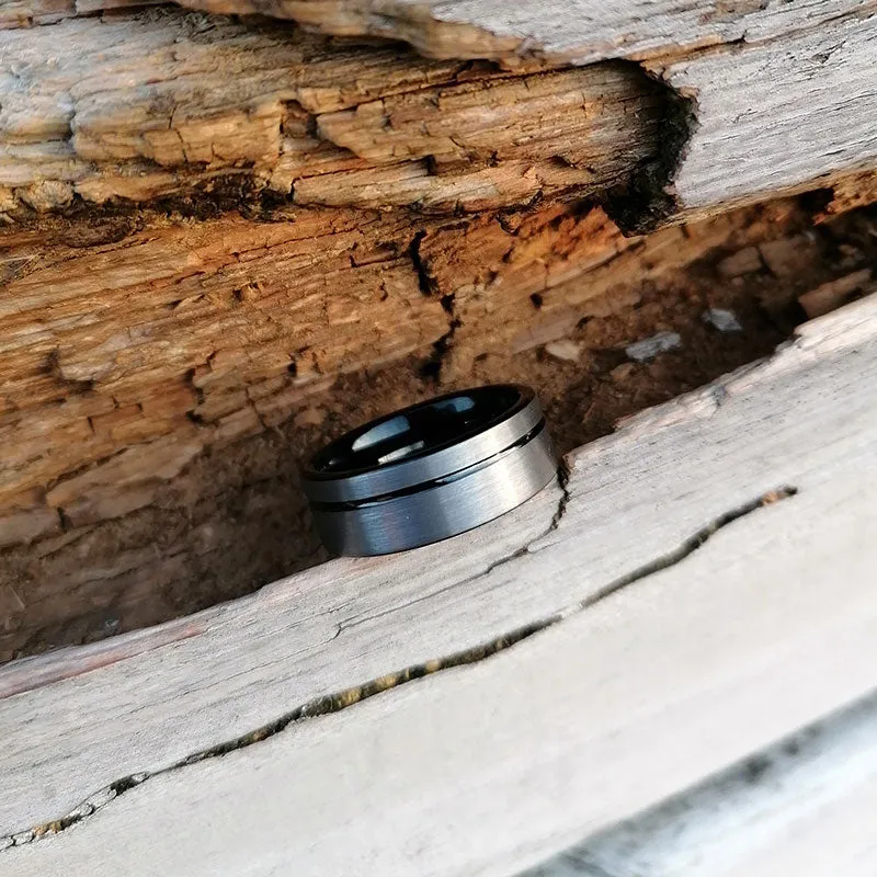 8mm Brushed Matte Grey with Black Groove Tungsten Carbide Ring