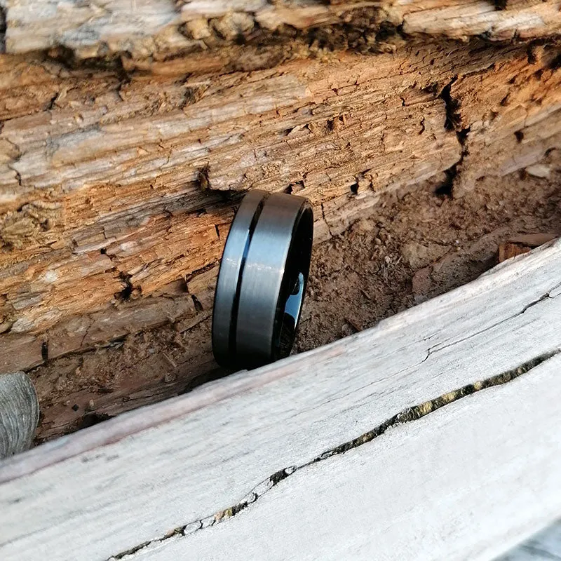 8mm Brushed Matte Grey with Black Groove Tungsten Carbide Ring