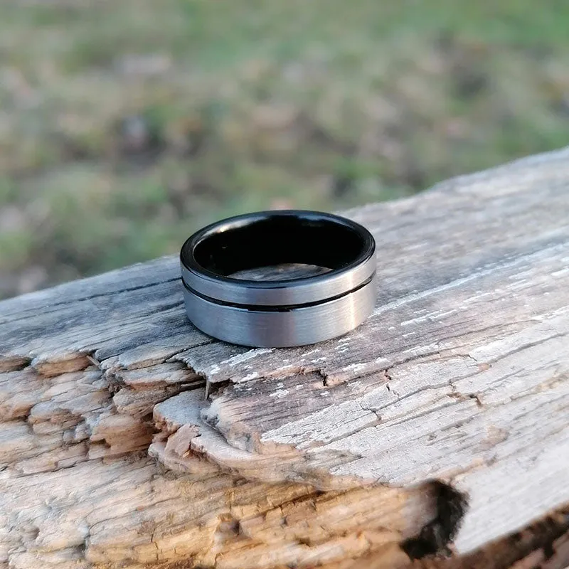 8mm Brushed Matte Grey with Black Groove Tungsten Carbide Ring