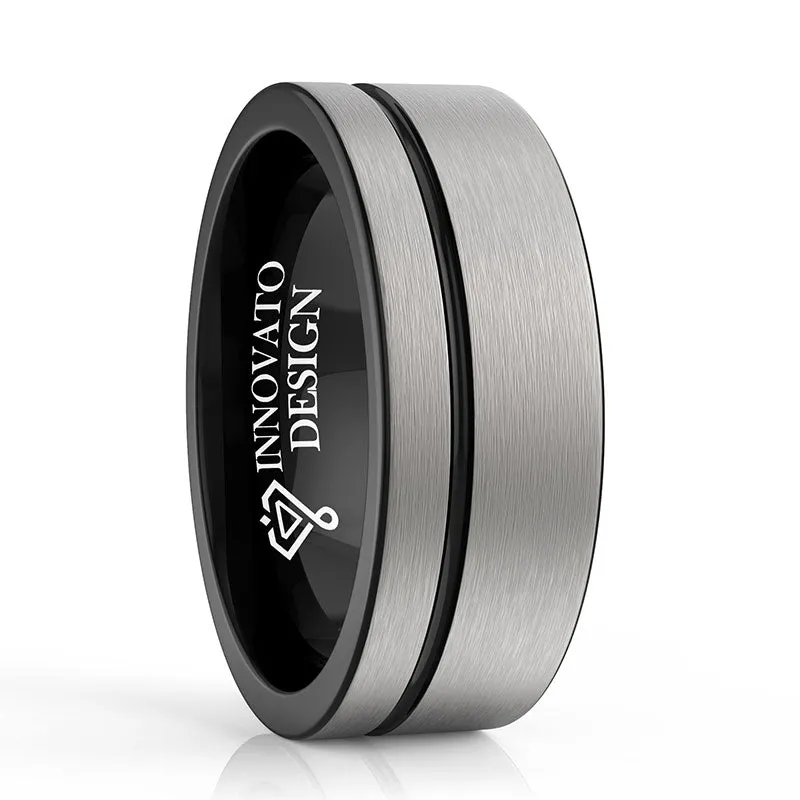 8mm Brushed Matte Grey with Black Groove Tungsten Carbide Ring