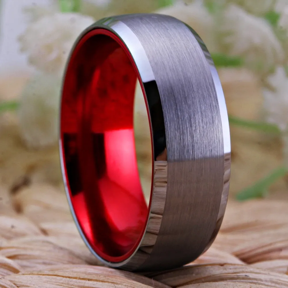 8mm Classic Matte Silver and Red-Plated Tungsten Wedding Ring