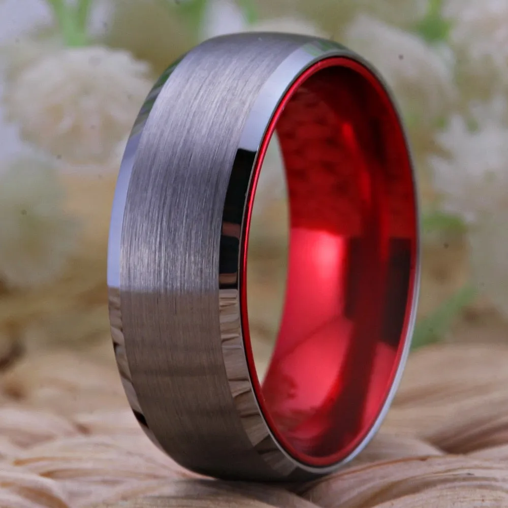 8mm Classic Matte Silver and Red-Plated Tungsten Wedding Ring