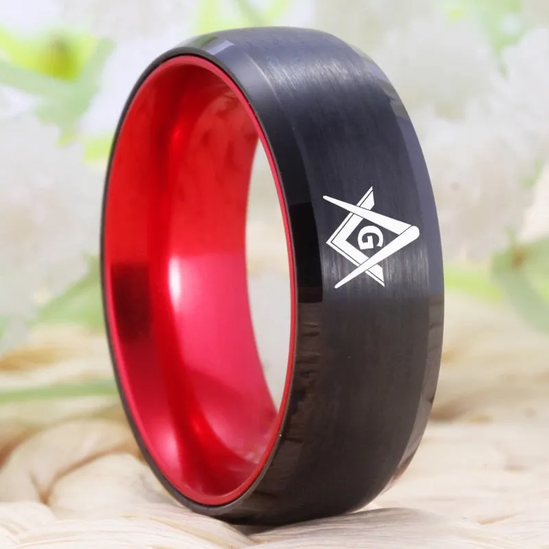 8mm Masonic Red and Black-Plated Tungsten Wedding Ring