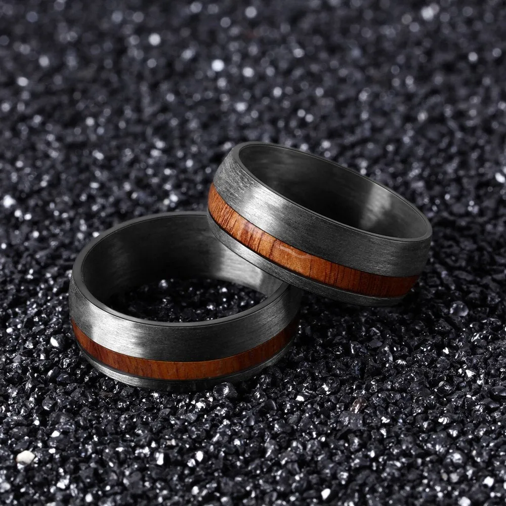 8mm Men Black Carbon Fiber Ring with Wood Inlay Comfort Fit Wedding Band