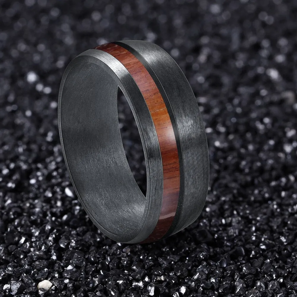 8mm Men Black Carbon Fiber Ring with Wood Inlay Comfort Fit Wedding Band