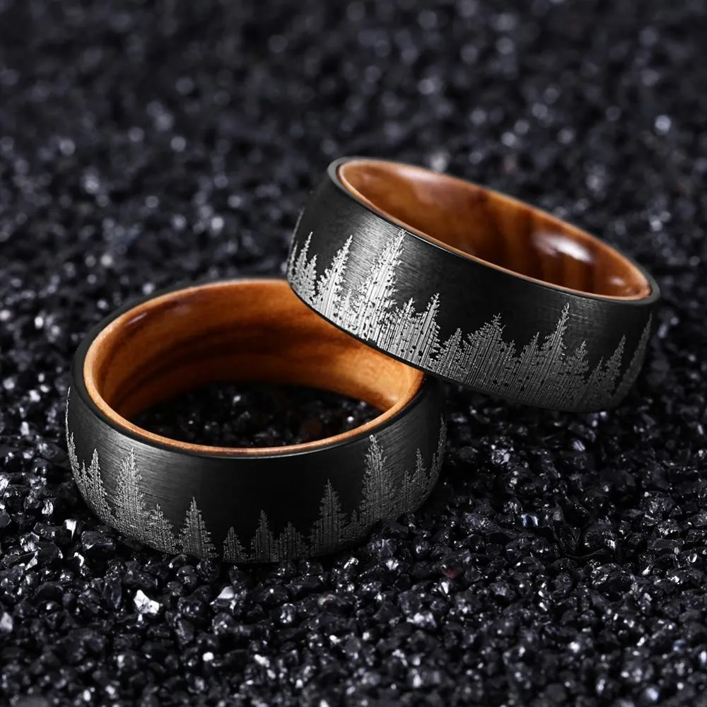 8mm Men Black Mountain Forest Tungsten Carbide with Olive Wood Interior Comfort Fit Wedding Band