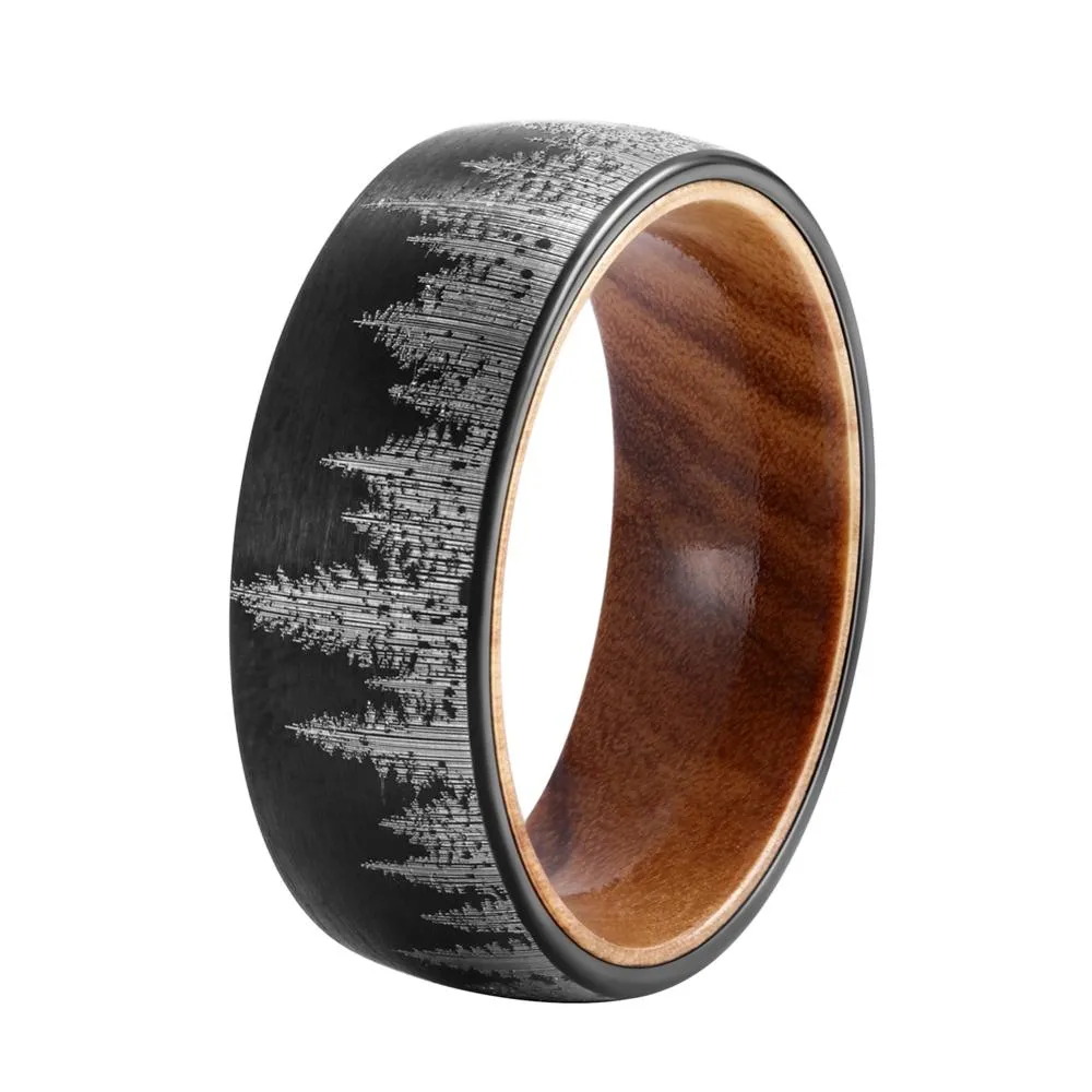 8mm Men Black Mountain Forest Tungsten Carbide with Olive Wood Interior Comfort Fit Wedding Band