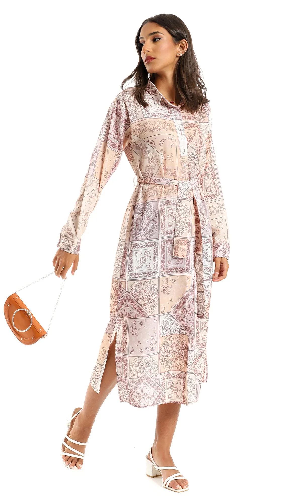 98195 Linen Full Sleeves Shirt Dress With Side Slits - Beige & Brown