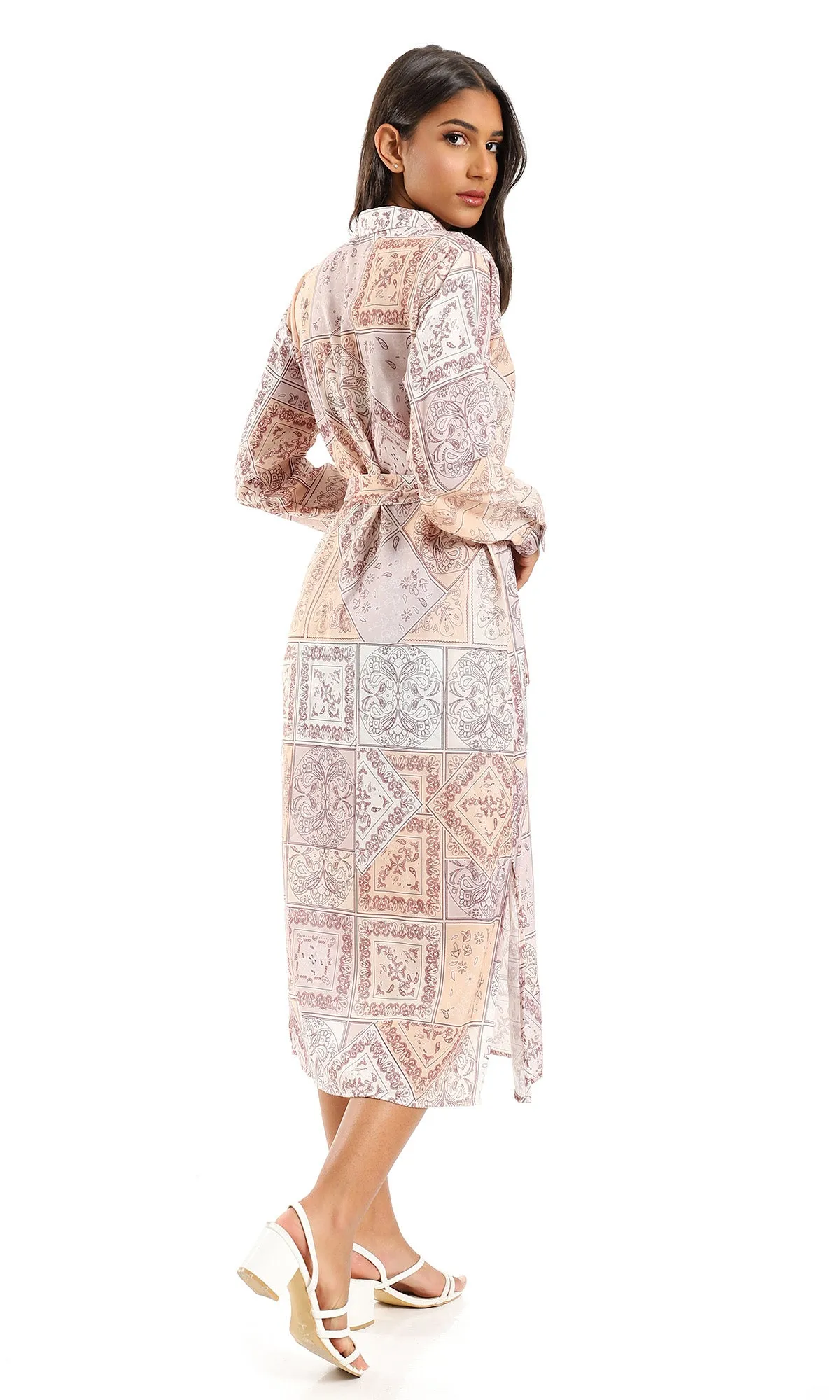 98195 Linen Full Sleeves Shirt Dress With Side Slits - Beige & Brown