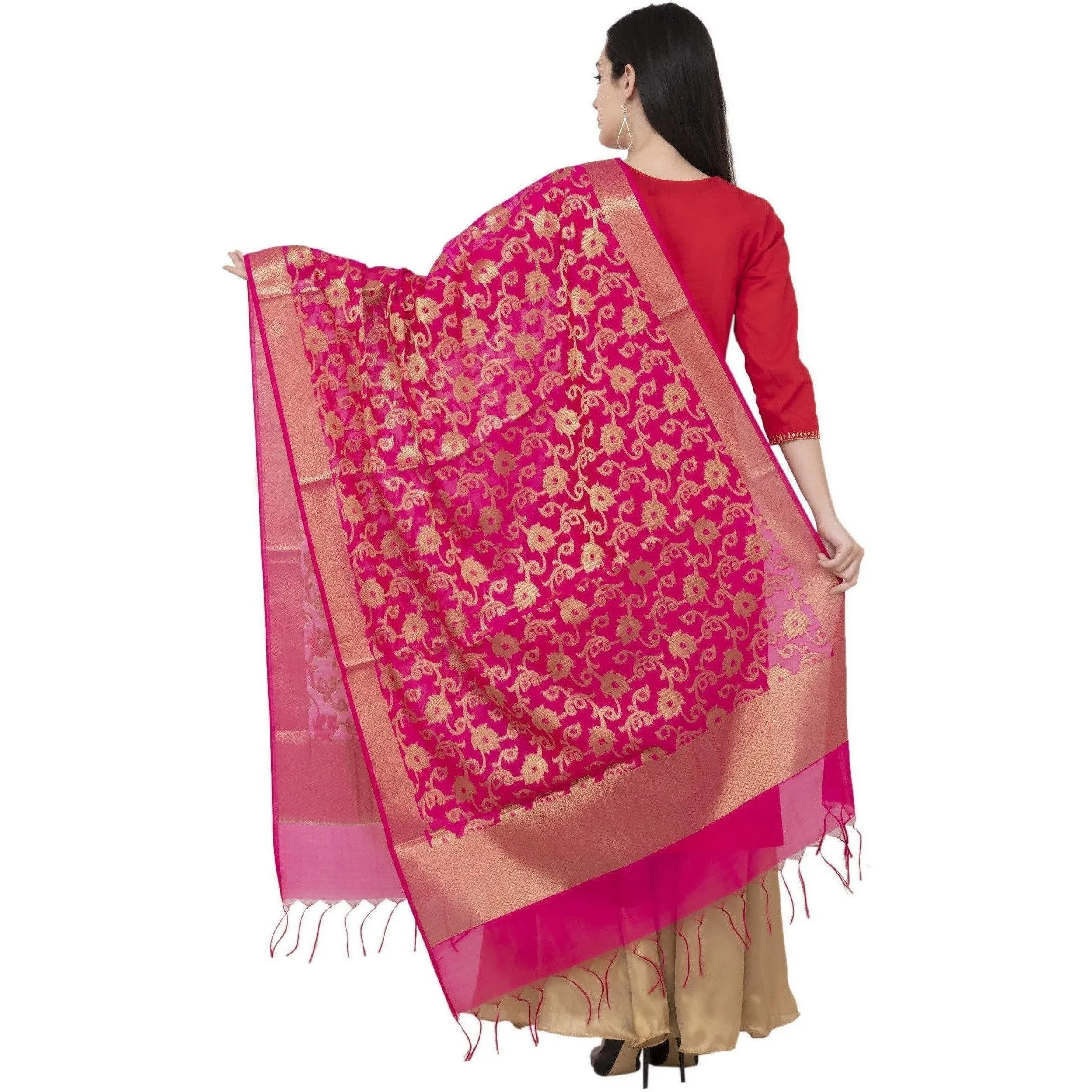 A R Silk VNS Jaal Fancy Dupatta Color Rani Dupatta or Chunni