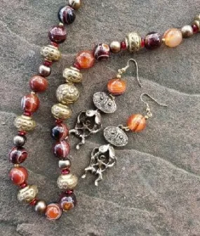 Agate freshwater pearl and glass bead necklace earring set