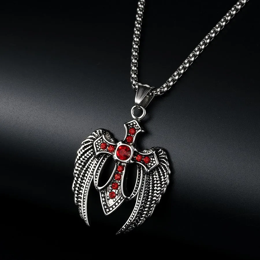 Angel Wings Steel Cross with Ruby Crystals and Chain Necklace