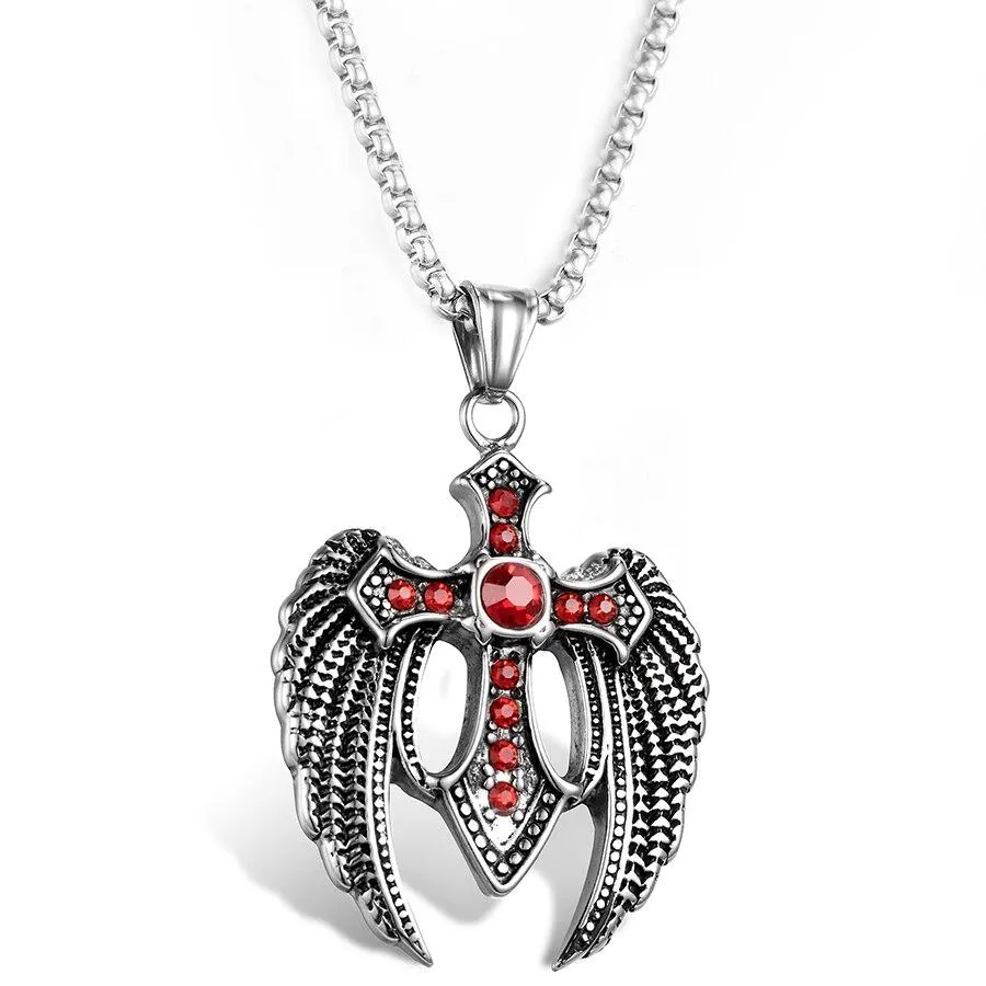 Angel Wings Steel Cross with Ruby Crystals and Chain Necklace