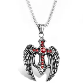 Angel Wings Steel Cross with Ruby Crystals and Chain Necklace