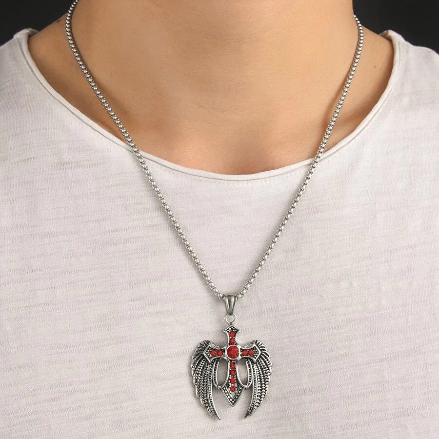 Angel Wings Steel Cross with Ruby Crystals and Chain Necklace