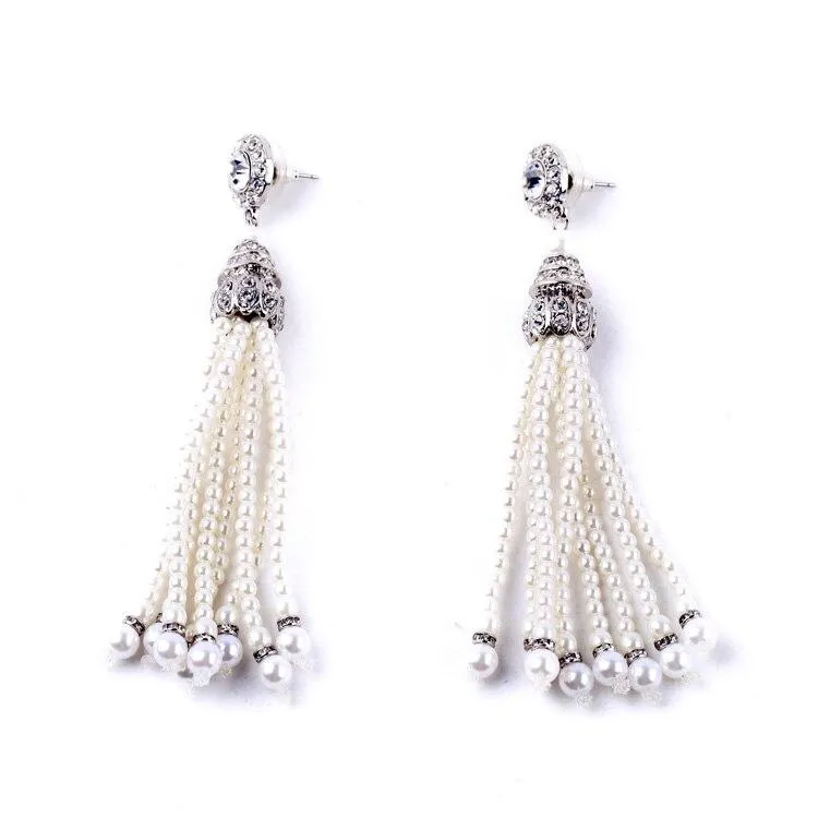 Antique Silver Pearls Tassel Dangle Drop Earrings