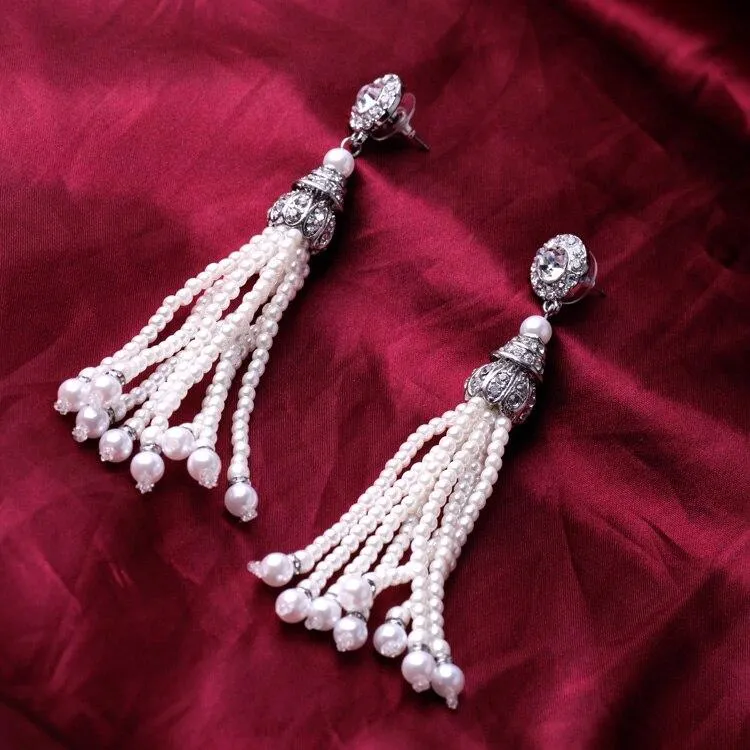 Antique Silver Pearls Tassel Dangle Drop Earrings