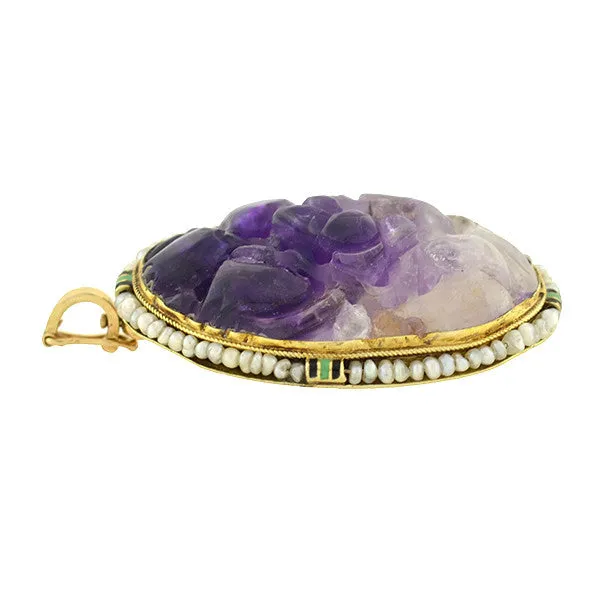 Art Deco 14kt Carved Amethyst, Pearl & Enamel Pin/Pendant