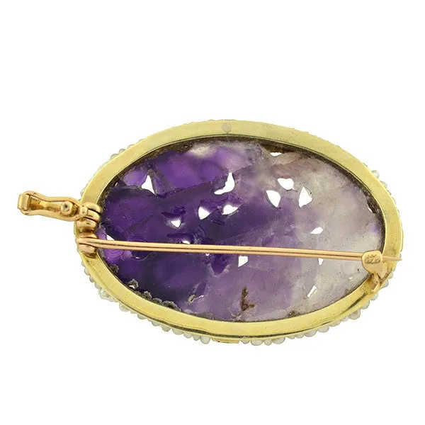 Art Deco 14kt Carved Amethyst, Pearl & Enamel Pin/Pendant