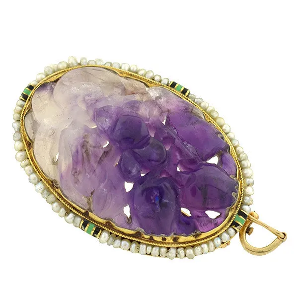 Art Deco 14kt Carved Amethyst, Pearl & Enamel Pin/Pendant