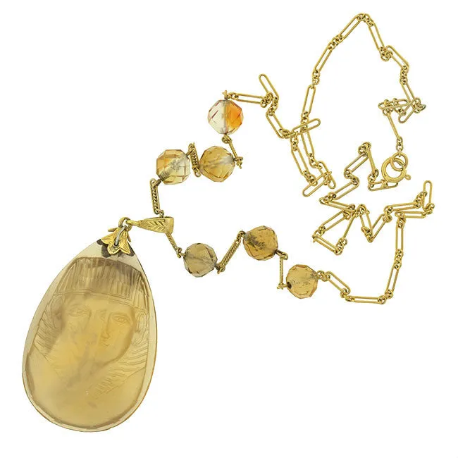 Art Deco 14kt Egyptian Revival Carved Citrine Pharaoh Necklace