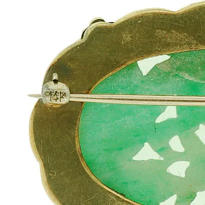 Art Deco 14kt Hand Carved Jade, Pearl & Enamel Pin