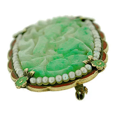 Art Deco 14kt Hand Carved Jade, Pearl & Enamel Pin