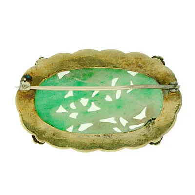 Art Deco 14kt Hand Carved Jade, Pearl & Enamel Pin