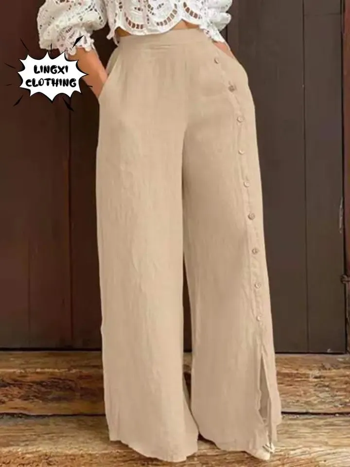 Autumn Fashion Women's Wide Leg Pants High Waist Cotton and Hemp Loose Trousers XL B-98023