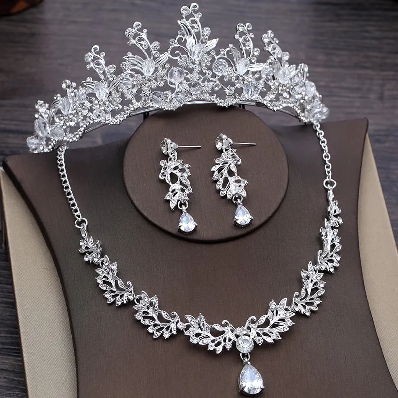 Baroque Crystal Flower Tiara, Necklace & Earrings Wedding Jewelry Set