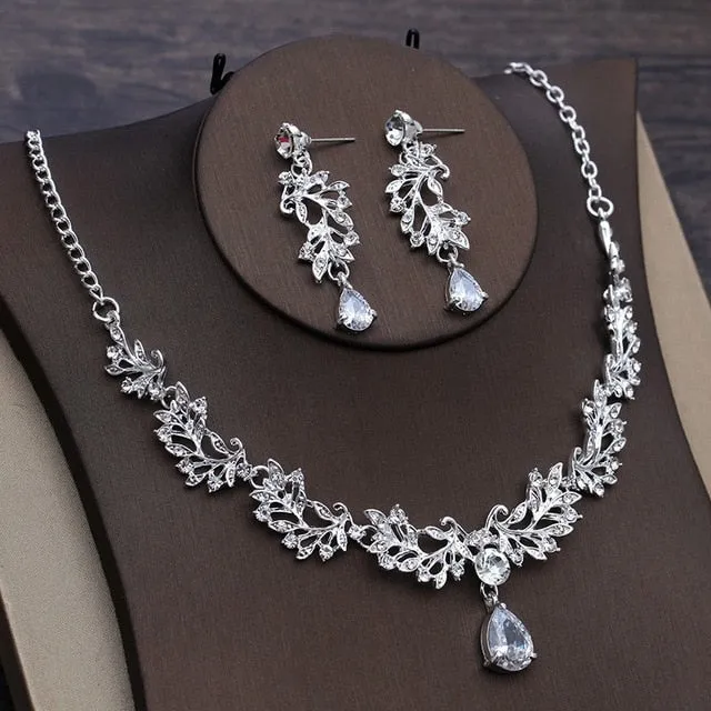 Baroque Crystal Flower Tiara, Necklace & Earrings Wedding Jewelry Set