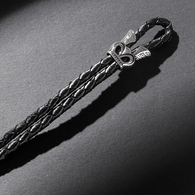 Black Braided Leather Skull with Cross and Crown Bracelet