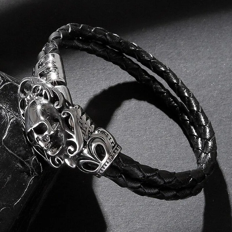 Black Braided Leather Skull with Cross and Crown Bracelet