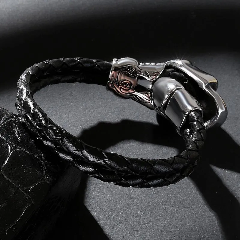 Black Braided Leather Stainless Steel Smiling Skull Bracelet